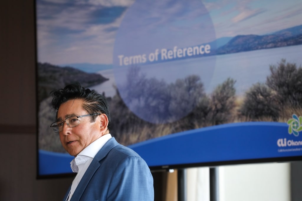 Chief simo Robert Louie, of Westbank First Nation, speaks during the Okanagan Similkameen Collaborative Leadership Table’s April 24 meeting in the District of Lake Country, in syilx territory. Photo by Aaron Hemens