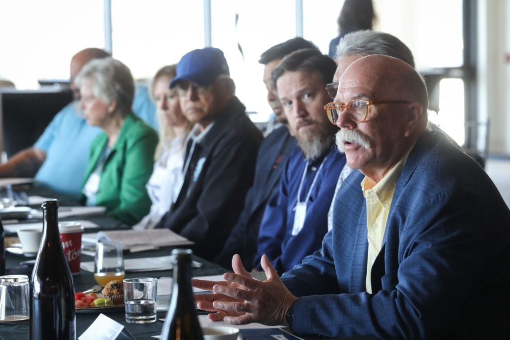 Blair Ireland, the Mayor of the District of Lake Country, speaks during the Okanagan Similkameen Collaborative Leadership Table’s April 24 meeting in the District of Lake Country, in syilx territory. Photo by Aaron Hemens